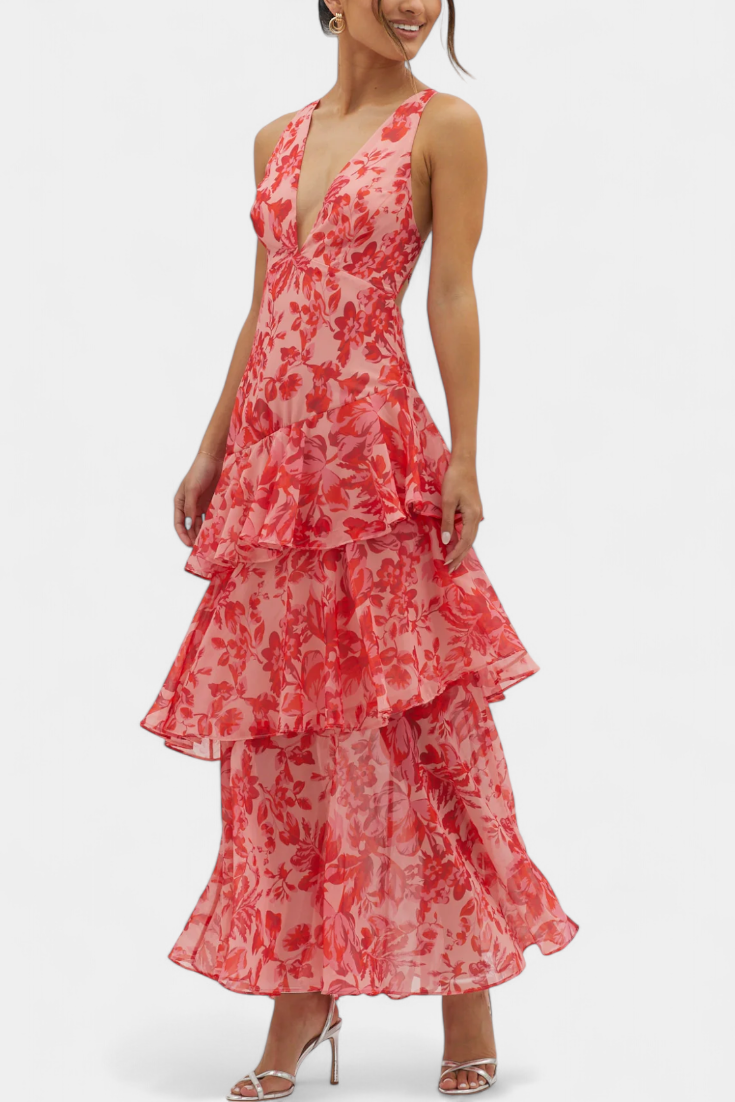 Domenica | Abito in Chiffon con Scollo a V e Strati Fluidi