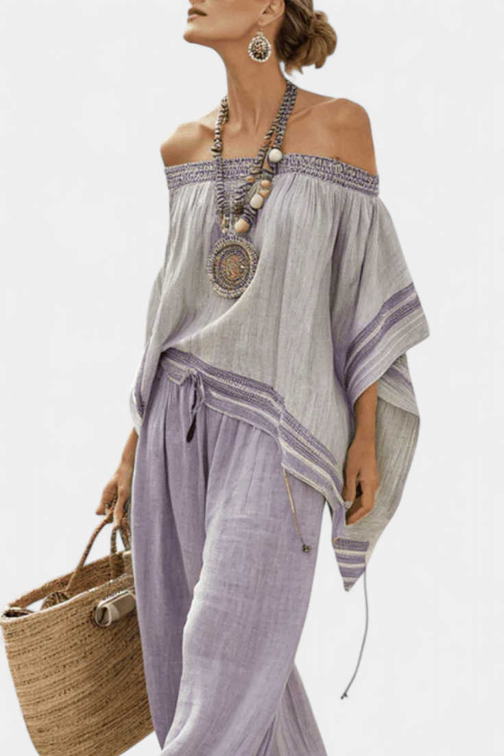 Daisy Set | Completo in Lino di Bambù con Spalle Scoperte e Pantaloni a Righe