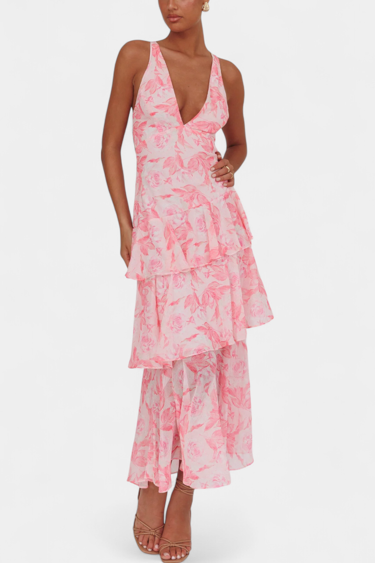 Domenica | Abito in Chiffon con Scollo a V e Strati Fluidi